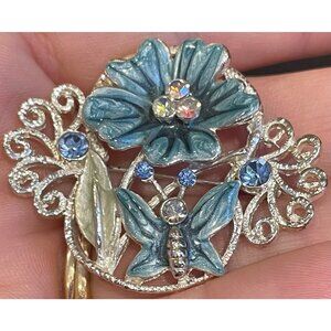 Silver Light Blue Rhinestone Butterfly Flower Brooch Pin